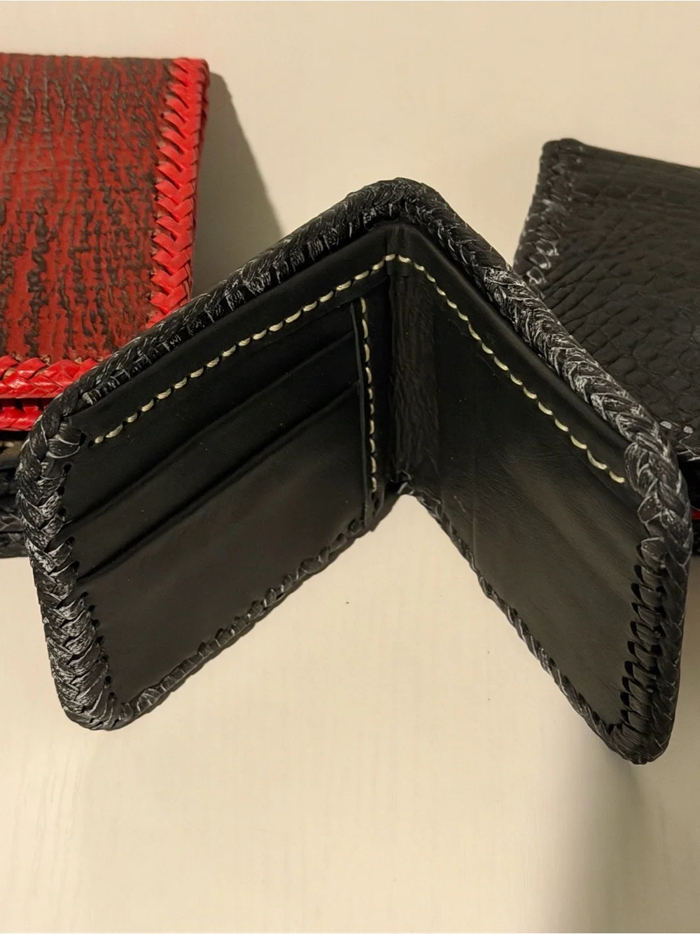 Hand-stitched Black Leather Money Clip Wallet